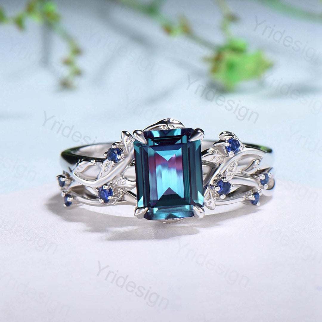 Vintage Emerald cut alexandrite engagement ring set Nature inspired sapphire wedding ring set white gold leaf vine bridal set promise gifts - PENFINE