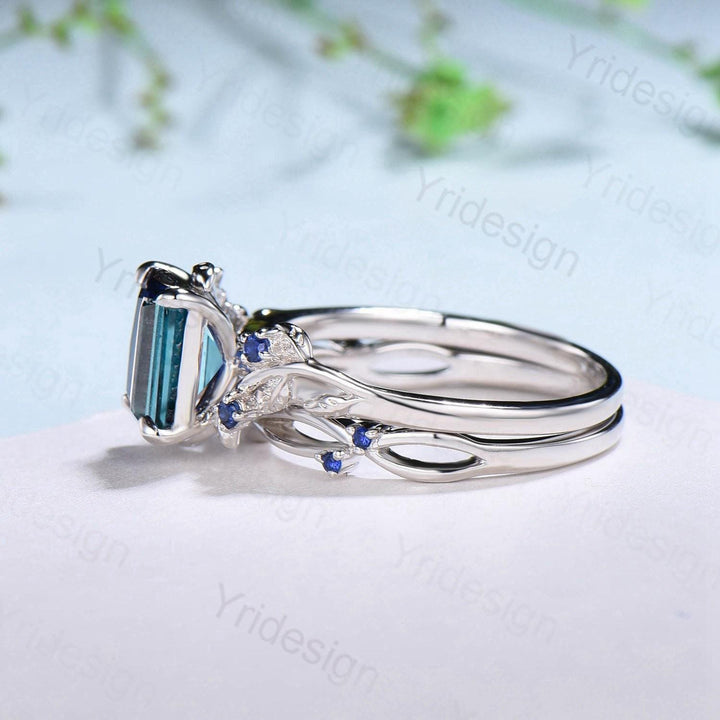 Vintage Emerald cut alexandrite engagement ring set Nature inspired sapphire wedding ring set white gold leaf vine bridal set promise gifts - PENFINE