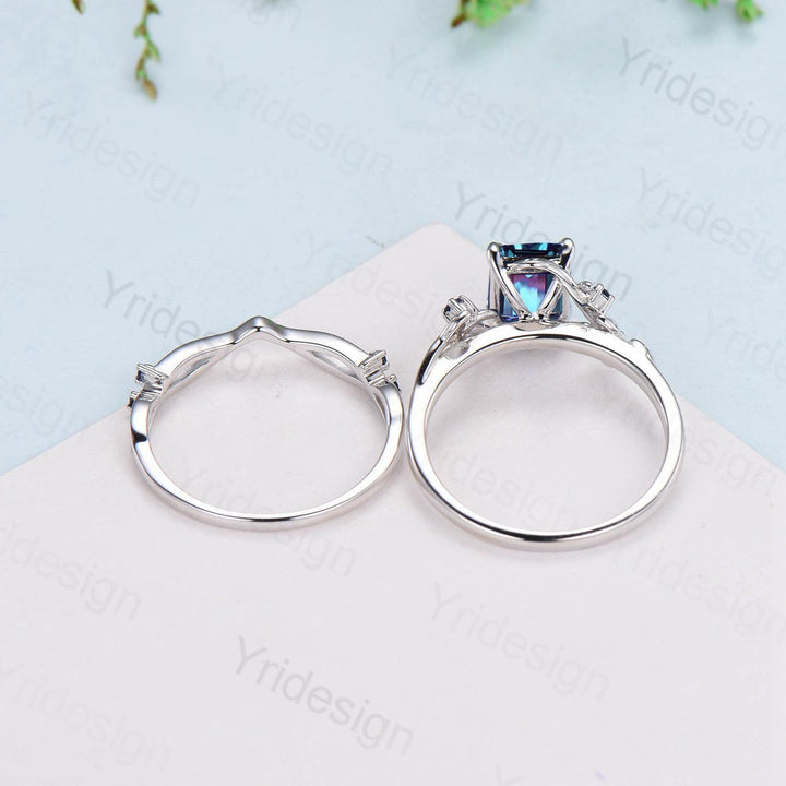Vintage Emerald cut alexandrite engagement ring set Nature inspired sapphire wedding ring set white gold leaf vine bridal set promise gifts - PENFINE