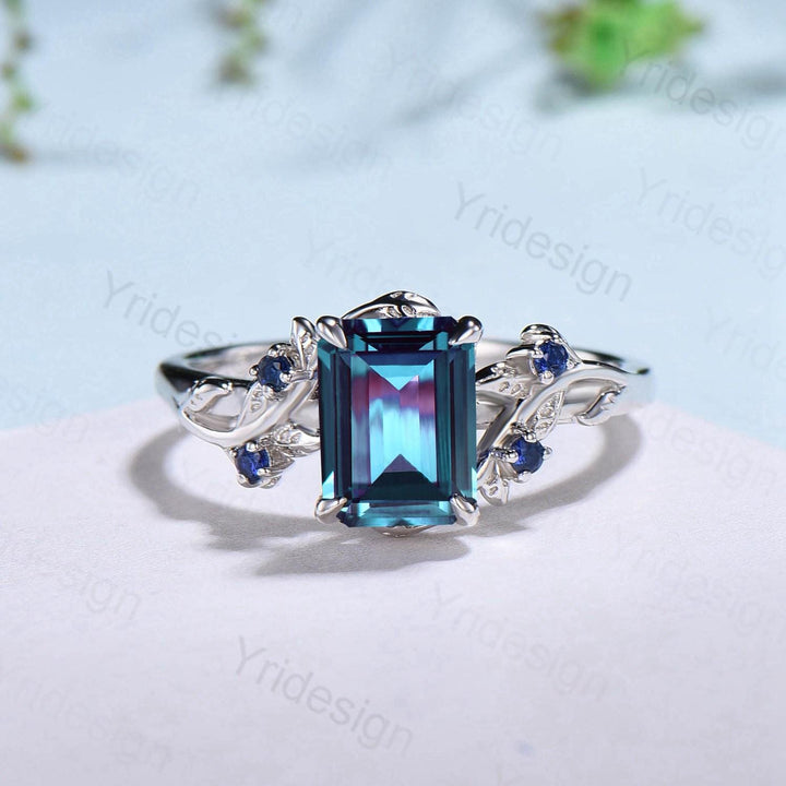 Vintage Emerald cut alexandrite engagement ring set Nature inspired sapphire wedding ring set white gold leaf vine bridal set promise gifts - PENFINE
