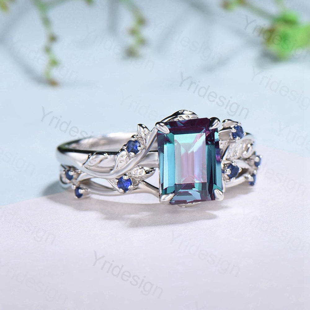 Vintage Emerald cut alexandrite engagement ring set Nature inspired sapphire wedding ring set white gold leaf vine bridal set promise gifts - PENFINE