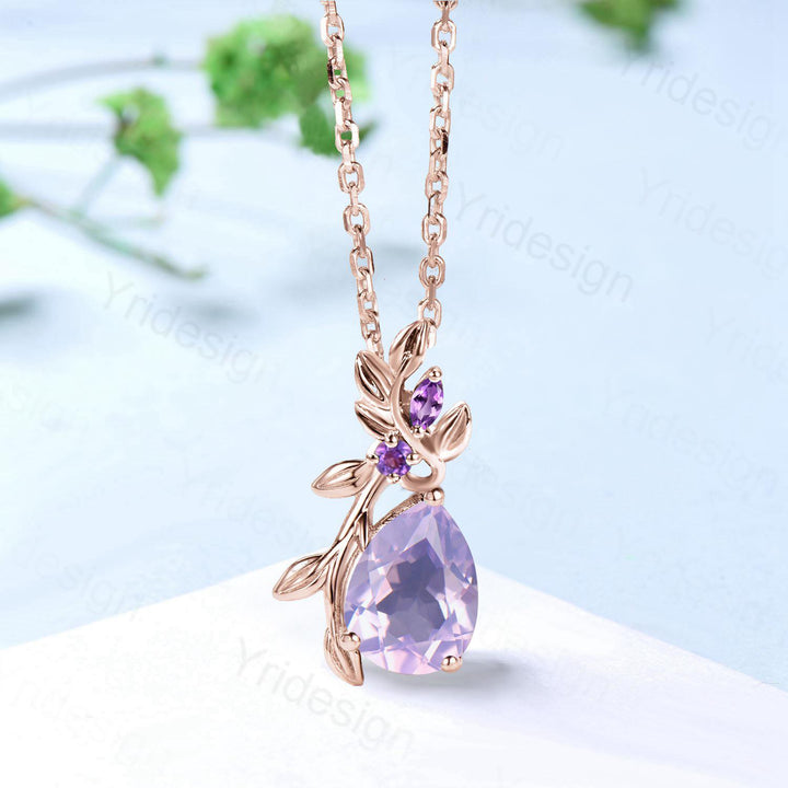 Elegant Pear Shaped Lavender Amethyst Pendant Necklace leaf branch necklace Twisted Nature inspired purple gemstone jewelry anniversary gift - PENFINE