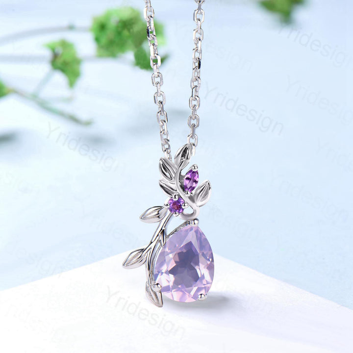 Elegant Pear Shaped Lavender Amethyst Pendant Necklace leaf branch necklace Twisted Nature inspired purple gemstone jewelry anniversary gift - PENFINE