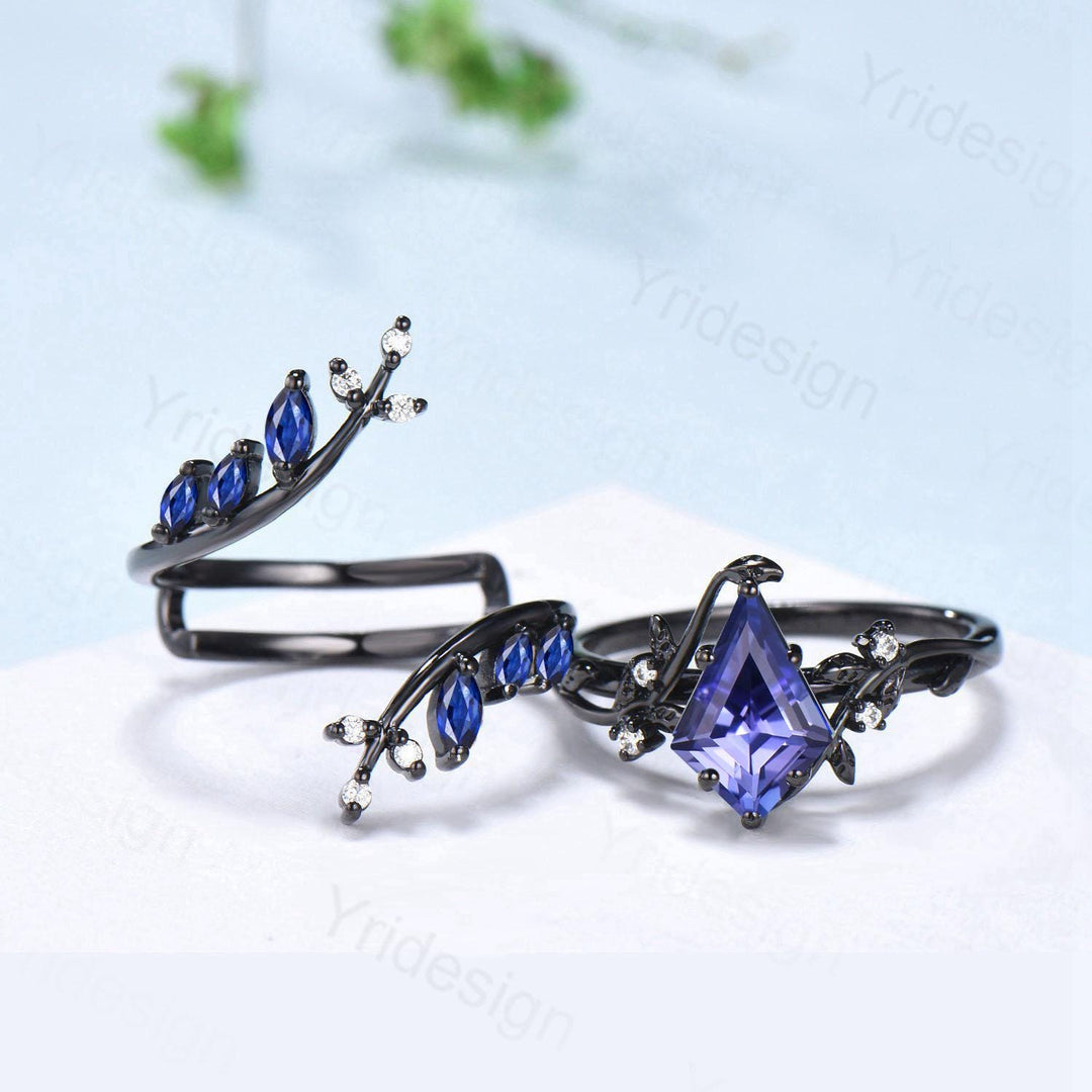 Unique gothic kite cut natural tanzanite engagement ring set black gold cluster marquise sapphire ring nature inspired enhancer wedding set - PENFINE