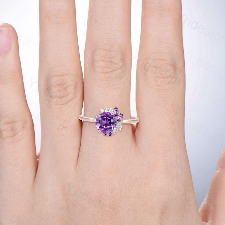 Half Halo Round Cut Amethyst Engagement Ring Silver Rose Gold Cluster Purple Gemstone Wedding Ring February Birthstone Bridal Ring Gift - PENFINE
