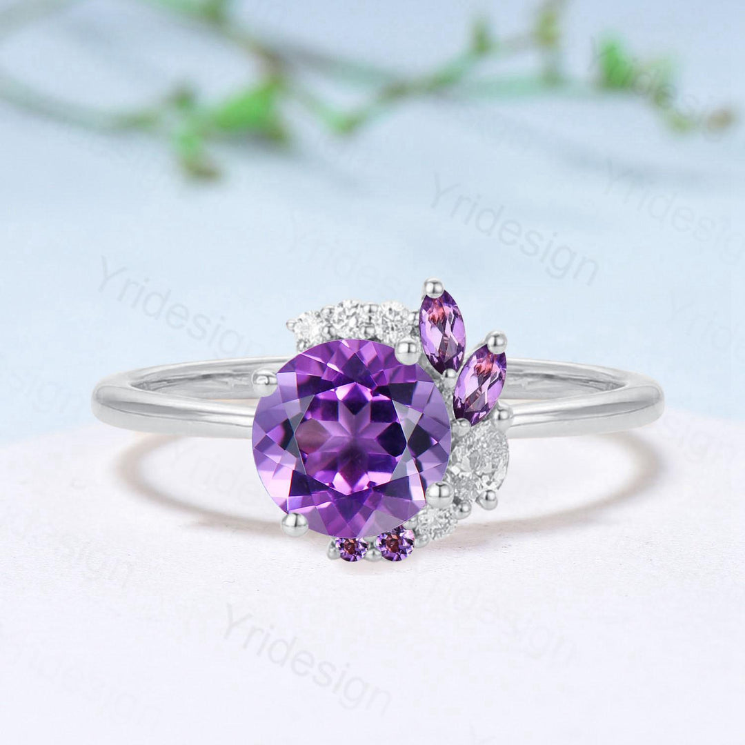 Half Halo Round Cut Amethyst Engagement Ring Silver Rose Gold Cluster Purple Gemstone Wedding Ring February Birthstone Bridal Ring Gift - PENFINE