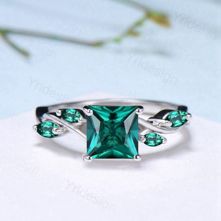 Vintage Lab Created Emerald Princess Cut Engagement Ring Art Deco Split Shank May Birthstone Wedding Ring Gift Promise Anniversary Ring - PENFINE