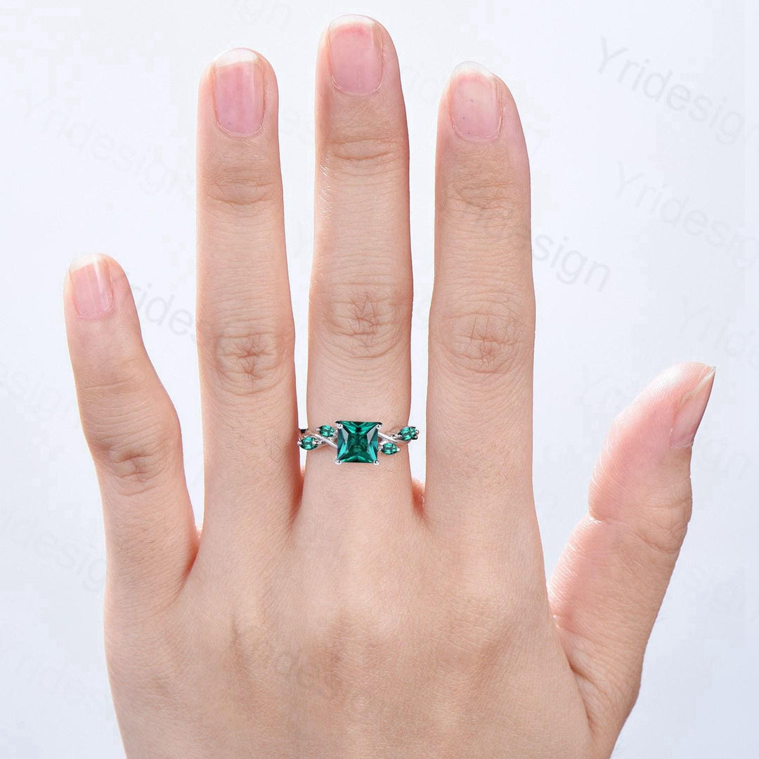 Vintage Lab Created Emerald Princess Cut Engagement Ring Art Deco Split Shank May Birthstone Wedding Ring Gift Promise Anniversary Ring - PENFINE