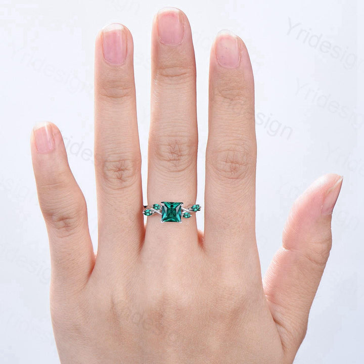 Vintage Lab Created Emerald Princess Cut Engagement Ring Art Deco Split Shank May Birthstone Wedding Ring Gift Promise Anniversary Ring - PENFINE