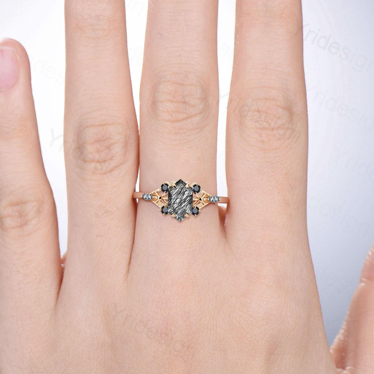 Vintage Elongated Hexagon Cut Black Rutilated Quartz Engagement Ring Unique Spider Wedding Ring Art Deco Anniversary Promise Ring Gift - PENFINE