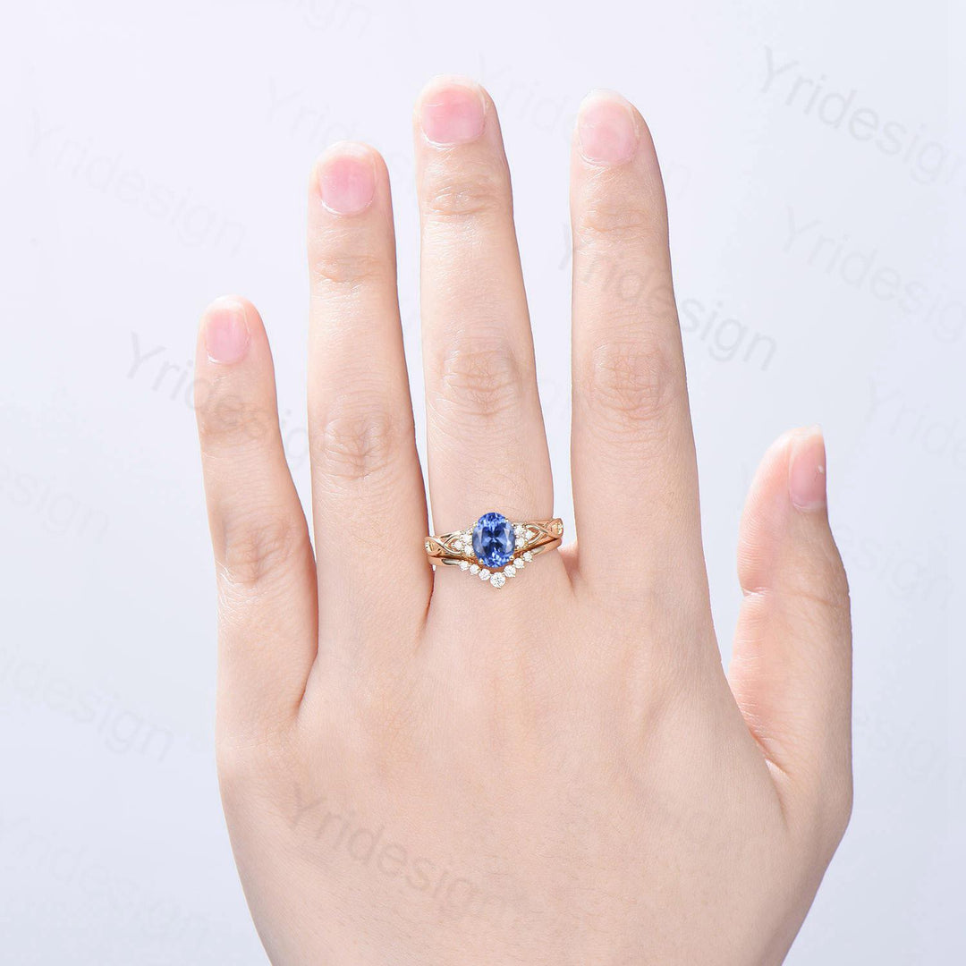 Celtic Love Natural Oval Tanzanite Engagement Ring Set Vintage  18K Yellow Gold Cluster Diamond Art Deco Wedding Ring Set Anniversary Gifts - PENFINE