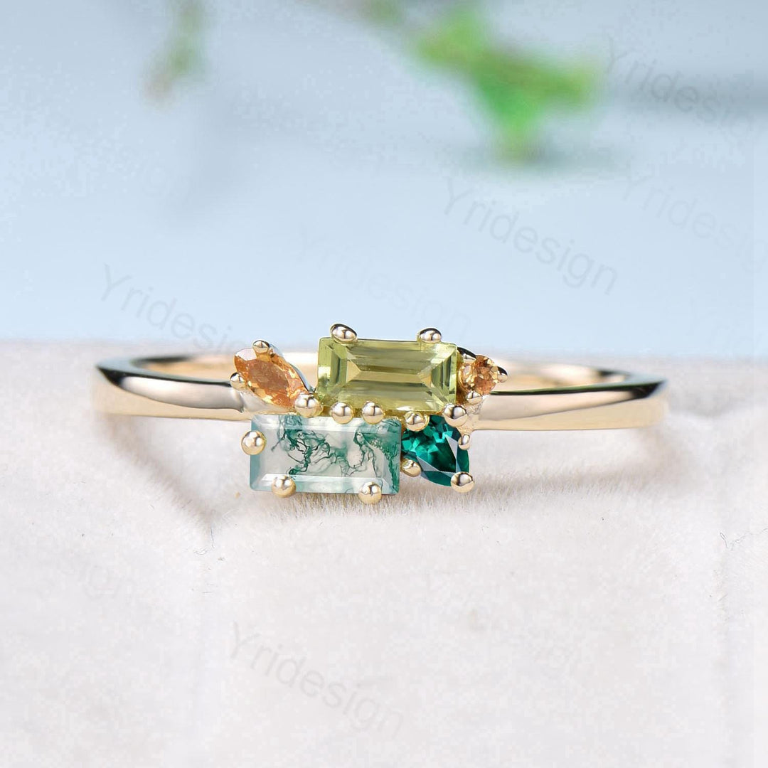 Unique Baguette Moss Agate Peridot Wedding Ring Multi Stone Citrine Emerald Wedding Band Stacking Promise Ring Anniversary Gift For Daughter - PENFINE