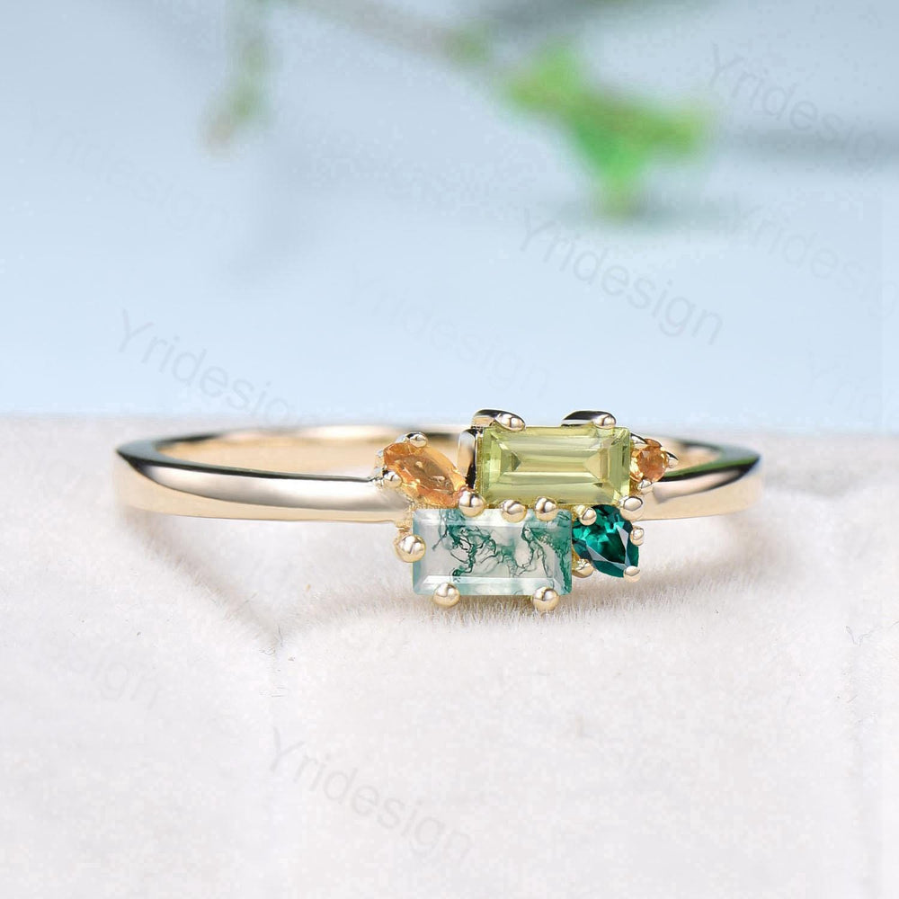 Unique Baguette Moss Agate Peridot Wedding Ring Multi Stone Citrine Emerald Wedding Band Stacking Promise Ring Anniversary Gift For Daughter - PENFINE