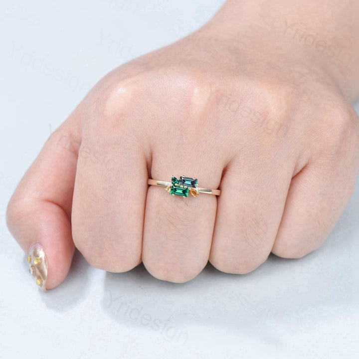 Unique Baguette Alexandrite Emerald Ring Moonstone Wedding Ring Yellow Gold Stacking Dainty Ring Multi-Stone Citrine Ring Anniversary Gift - PENFINE
