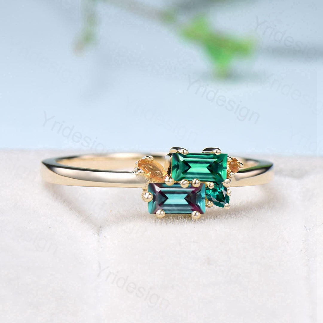 Unique Baguette Alexandrite Emerald Ring Moonstone Wedding Ring Yellow Gold Stacking Dainty Ring Multi-Stone Citrine Ring Anniversary Gift - PENFINE