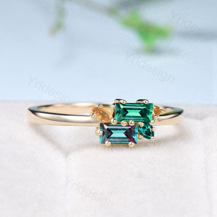 Unique Baguette Alexandrite Emerald Ring Moonstone Wedding Ring Yellow Gold Stacking Dainty Ring Multi-Stone Citrine Ring Anniversary Gift - PENFINE