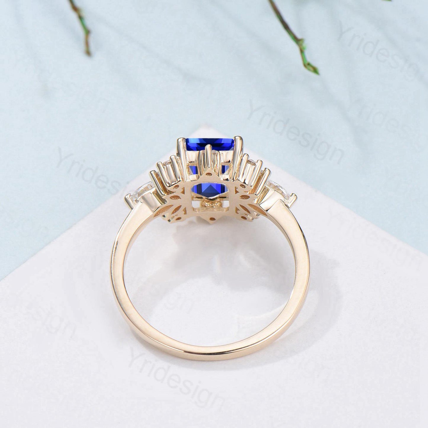 Vintage Sapphire Engagement Ring Emerald Cut 14K Yellow Gold Cluster Marquise Cut White Opal Wedding Ring Anniversary Promise Gift For Women - PENFINE