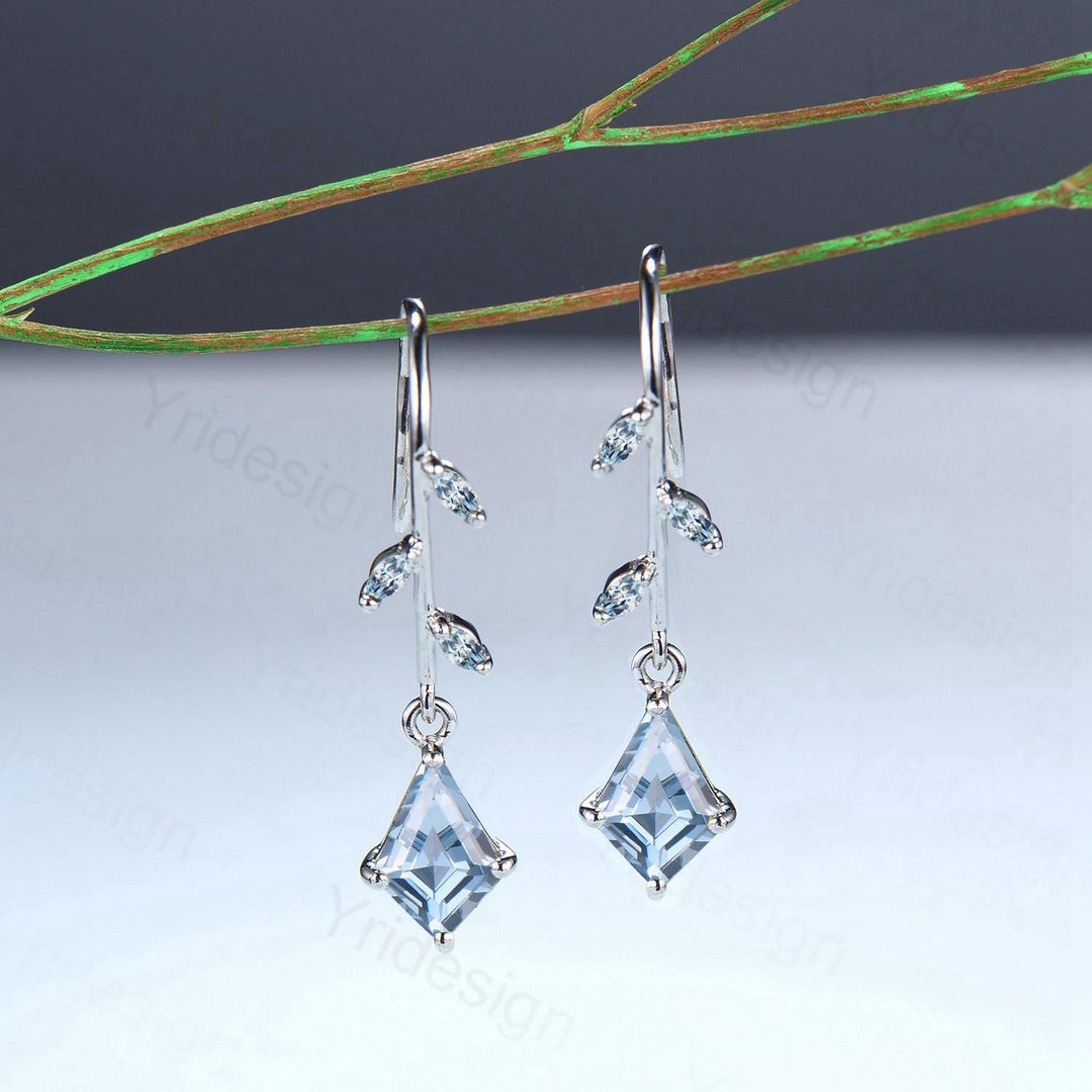 Vintage kite cut aquamarine earrings Unique pinwheel earrings marquise march birthstone drop stud earrings dainty anniversary promise gift - PENFINE