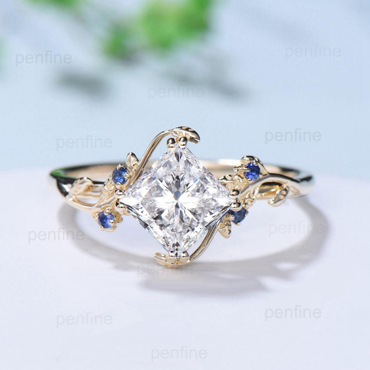 Elegant 2CT princess cut diamond ring Nature inspired lab grown diamond engagement ring cluster sapphire branch leaf vine anniversary ring - PENFINE