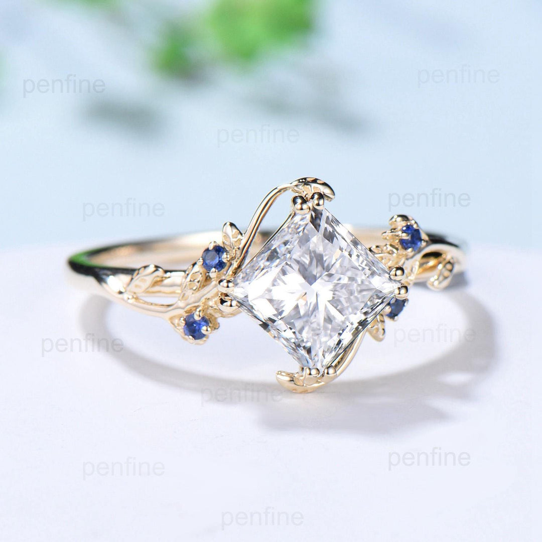 Elegant 2CT princess cut diamond ring Nature inspired lab grown diamond engagement ring cluster sapphire branch leaf vine anniversary ring - PENFINE