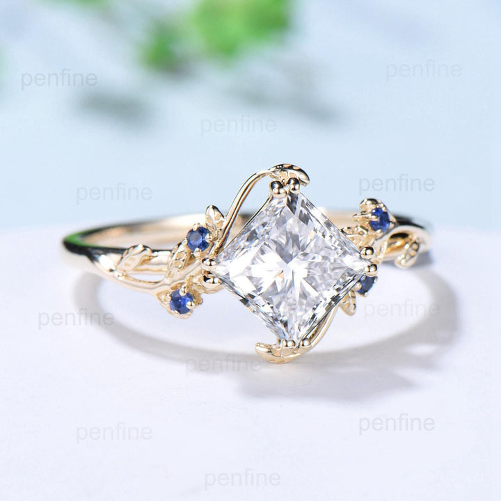 Elegant 2CT princess cut diamond ring Nature inspired lab grown diamond engagement ring cluster sapphire branch leaf vine anniversary ring - PENFINE