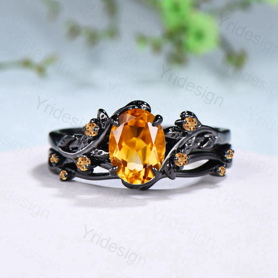 Unique black gold citrine ring set Nature Inspired yellow citrine engagement ring vintage Leaf branch wedding ring set November birthstone - PENFINE