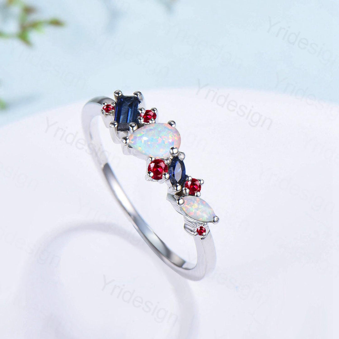 Vintage Multi Stone Ring Pear and Marquise Opal Wedding Ring Baguette Sapphire Wedding Band Unique Ruby Stacking Matching band Birthday Gift - PENFINE