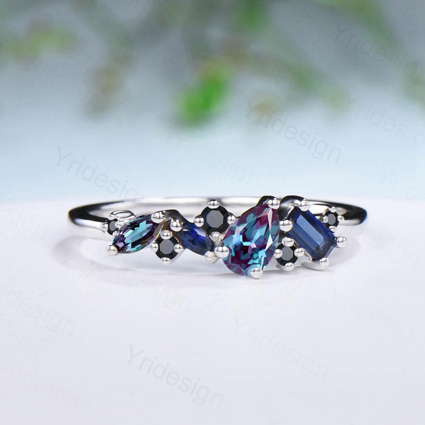 Vintage Multi Stone Ring, Pear and Marquise Alexandrite Wedding Ring, Baguette Sapphire Wedding Band, Unique Spinel Stacking Matching Band - PENFINE