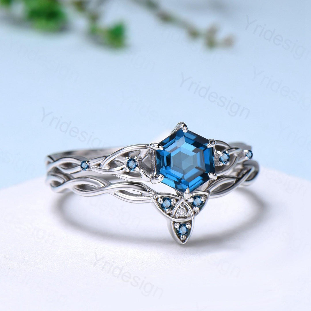Norse Viking Hexagon Cut London Blue Topaz Ring Set Celtic Love Knot Topaz Engagement Ring Unique Wedding Ring Set Promise Gifts For fiancee - PENFINE