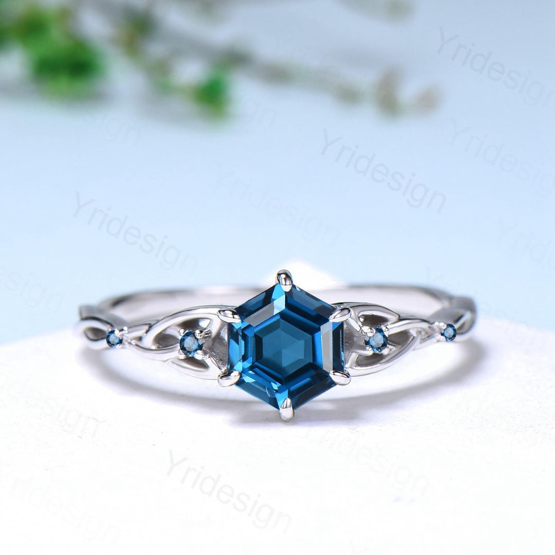Norse Viking Hexagon Cut London Blue Topaz Ring Set Celtic Love Knot Topaz Engagement Ring Unique Wedding Ring Set Promise Gifts For fiancee - PENFINE