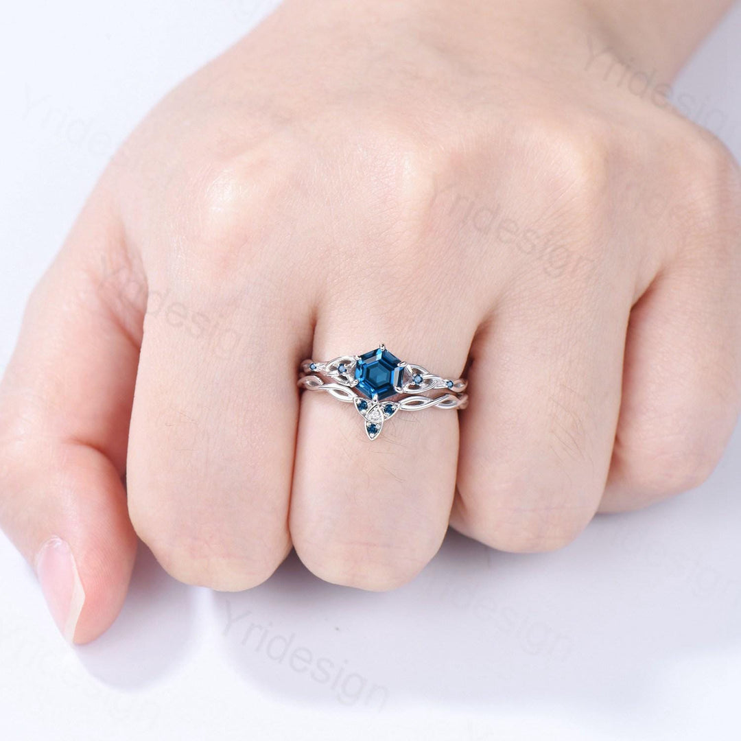Norse Viking Hexagon Cut London Blue Topaz Ring Set Celtic Love Knot Topaz Engagement Ring Unique Wedding Ring Set Promise Gifts For fiancee - PENFINE