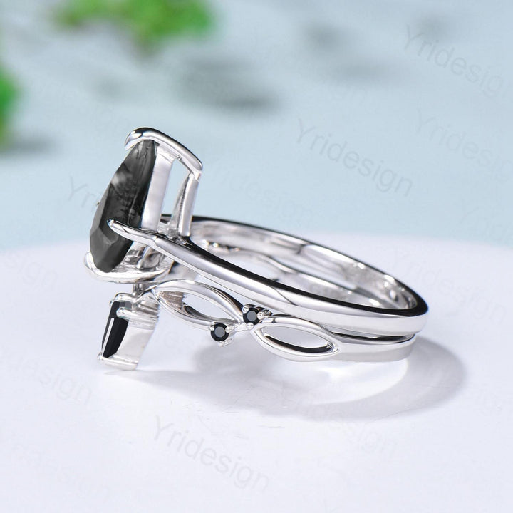 Dainty Salt and Pepper Diamond Engagement Ring Set Kite Solitaire Minimalist Wedding Set Simple Diamond Bridal Set Anniversary Promise gift - PENFINE