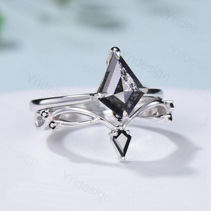 Dainty Salt and Pepper Diamond Engagement Ring Set Kite Solitaire Minimalist Wedding Set Simple Diamond Bridal Set Anniversary Promise gift - PENFINE