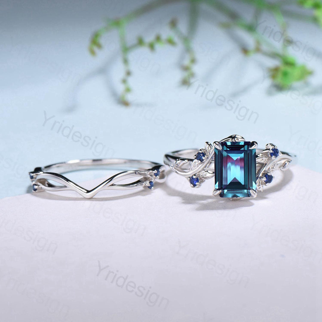 Vintage Emerald cut alexandrite engagement ring set Nature inspired sapphire wedding ring set white gold leaf vine bridal set promise gifts - PENFINE