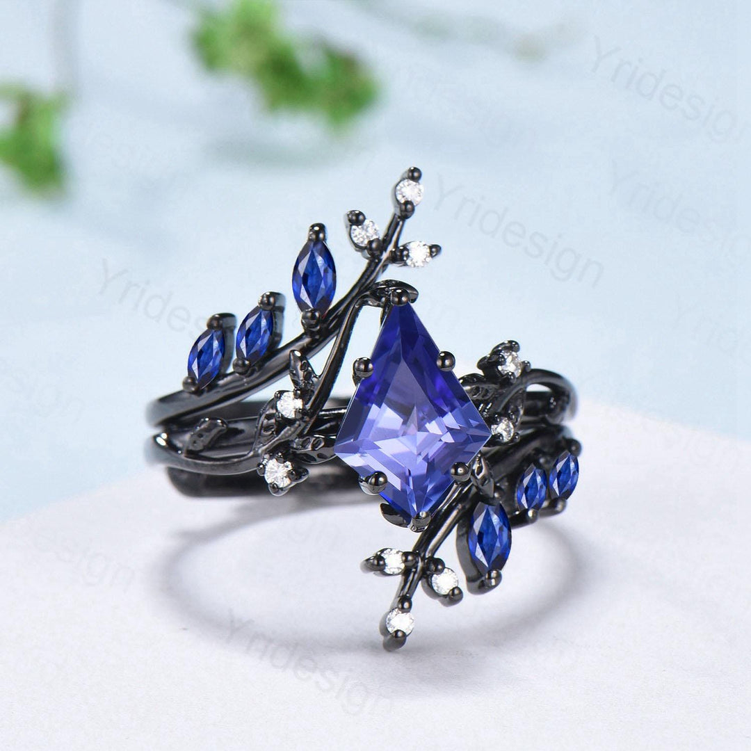 Unique gothic kite cut natural tanzanite engagement ring set black gold cluster marquise sapphire ring nature inspired enhancer wedding set - PENFINE