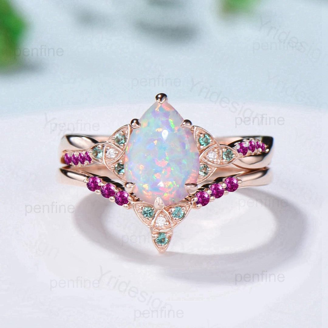 Norse Viking Pear Shaped Opal Wedding Ring Set Celtic Knot 14K Rose Gold Split Shank Opal Ruby Engagement Ring Opal Emerald Bridal Set Women - PENFINE