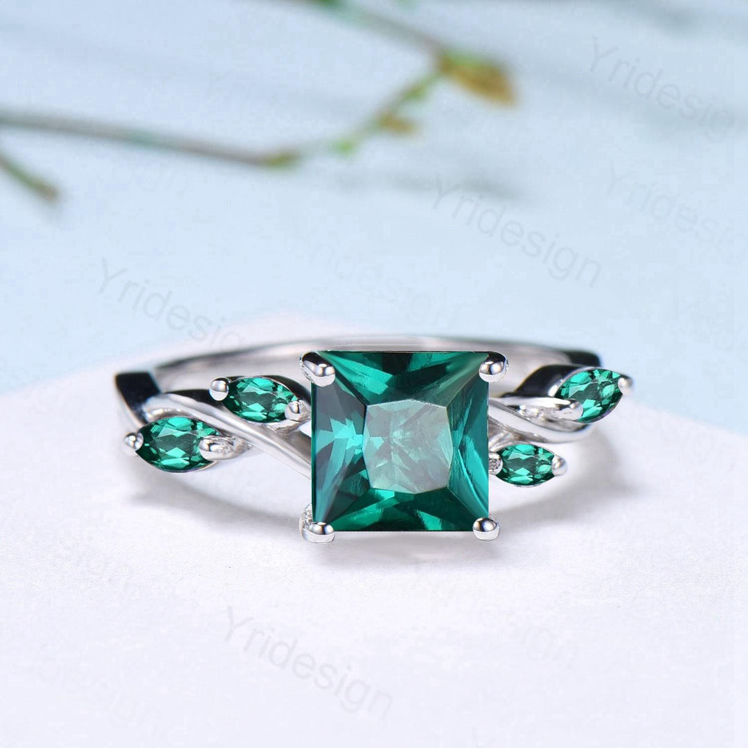 Vintage Lab Created Emerald Princess Cut Engagement Ring Art Deco Split Shank May Birthstone Wedding Ring Gift Promise Anniversary Ring - PENFINE