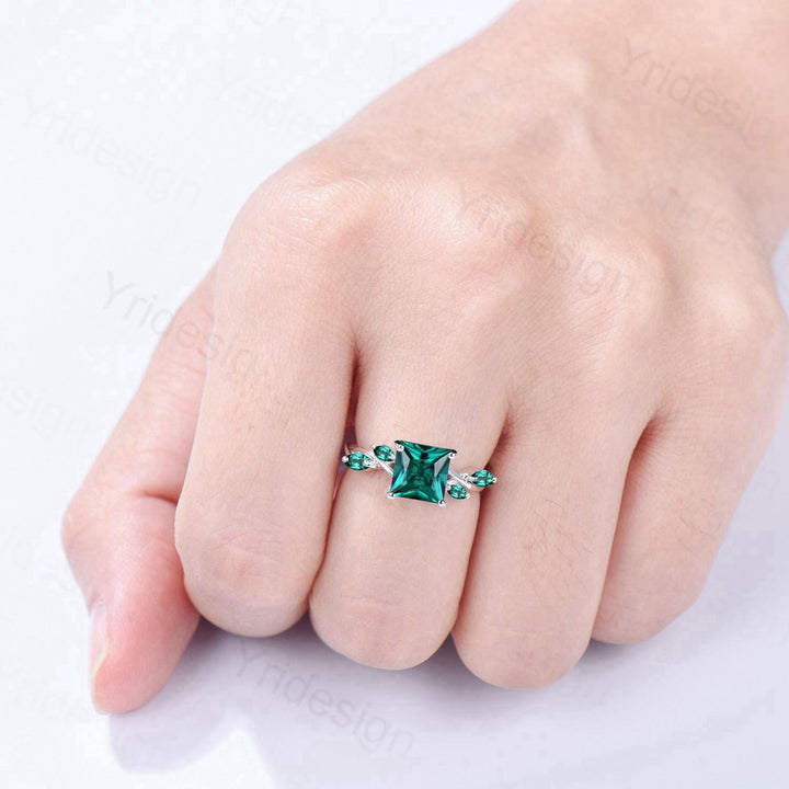 Vintage Lab Created Emerald Princess Cut Engagement Ring Art Deco Split Shank May Birthstone Wedding Ring Gift Promise Anniversary Ring - PENFINE