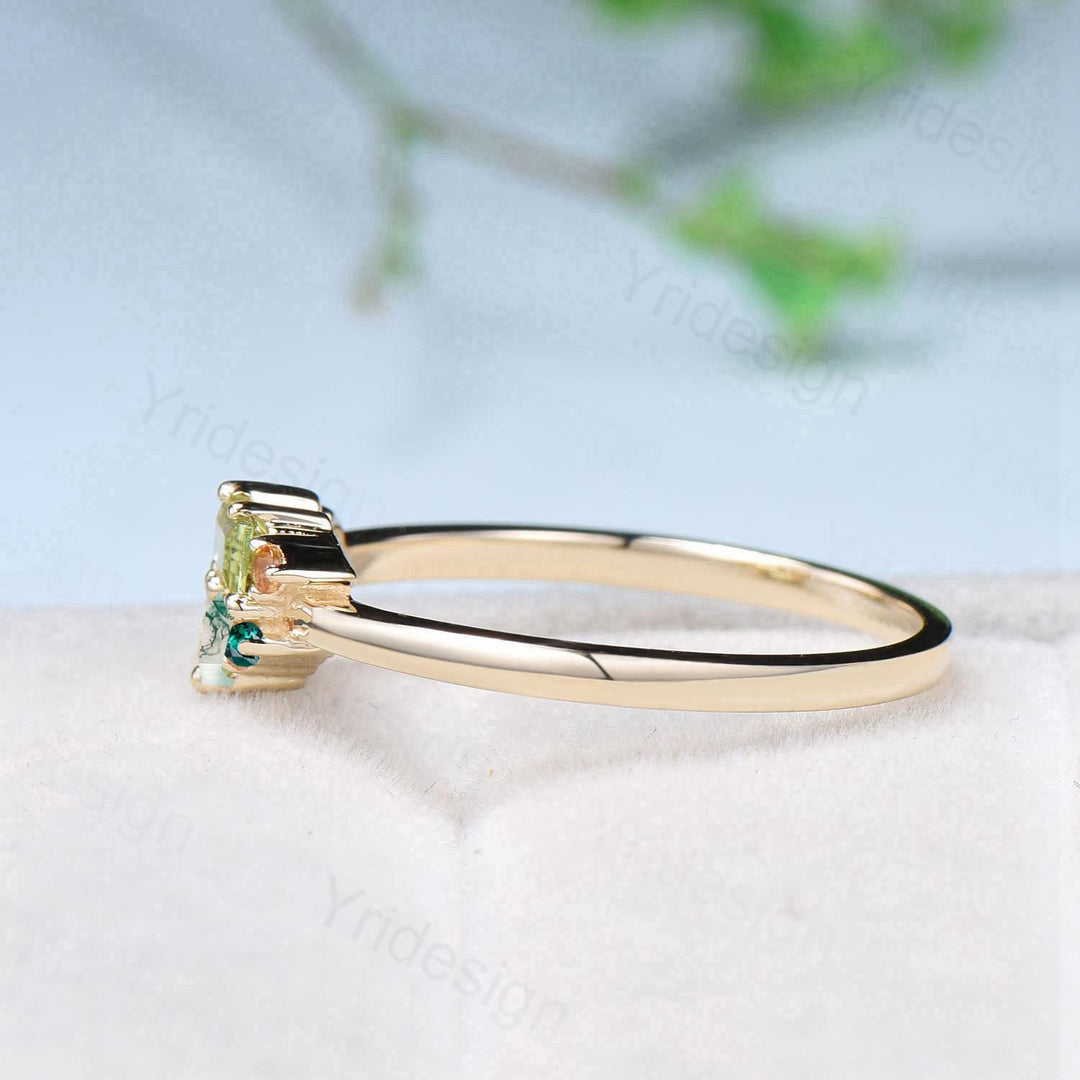 Unique Baguette Moss Agate Peridot Wedding Ring Multi Stone Citrine Emerald Wedding Band Stacking Promise Ring Anniversary Gift For Daughter - PENFINE