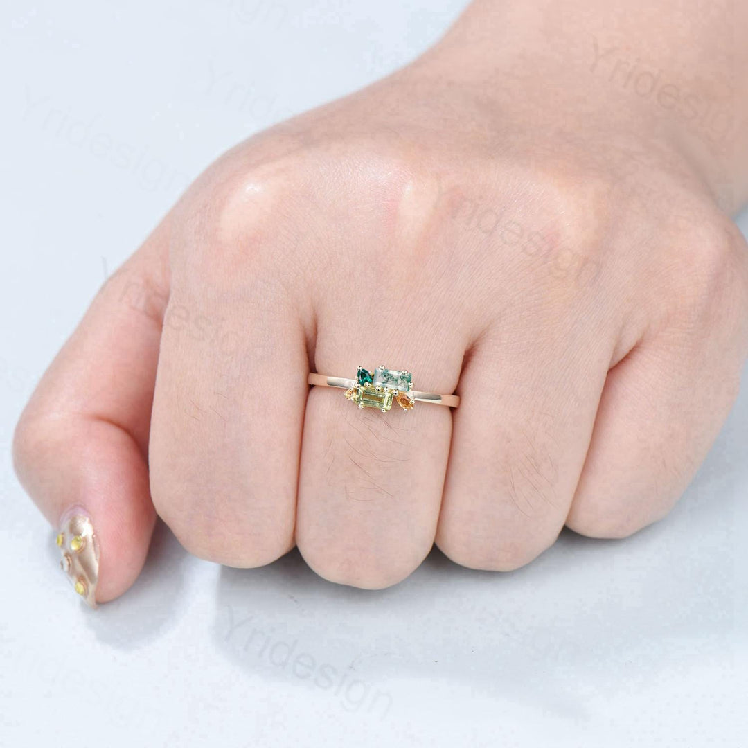 Unique Baguette Moss Agate Peridot Wedding Ring Multi Stone Citrine Emerald Wedding Band Stacking Promise Ring Anniversary Gift For Daughter - PENFINE