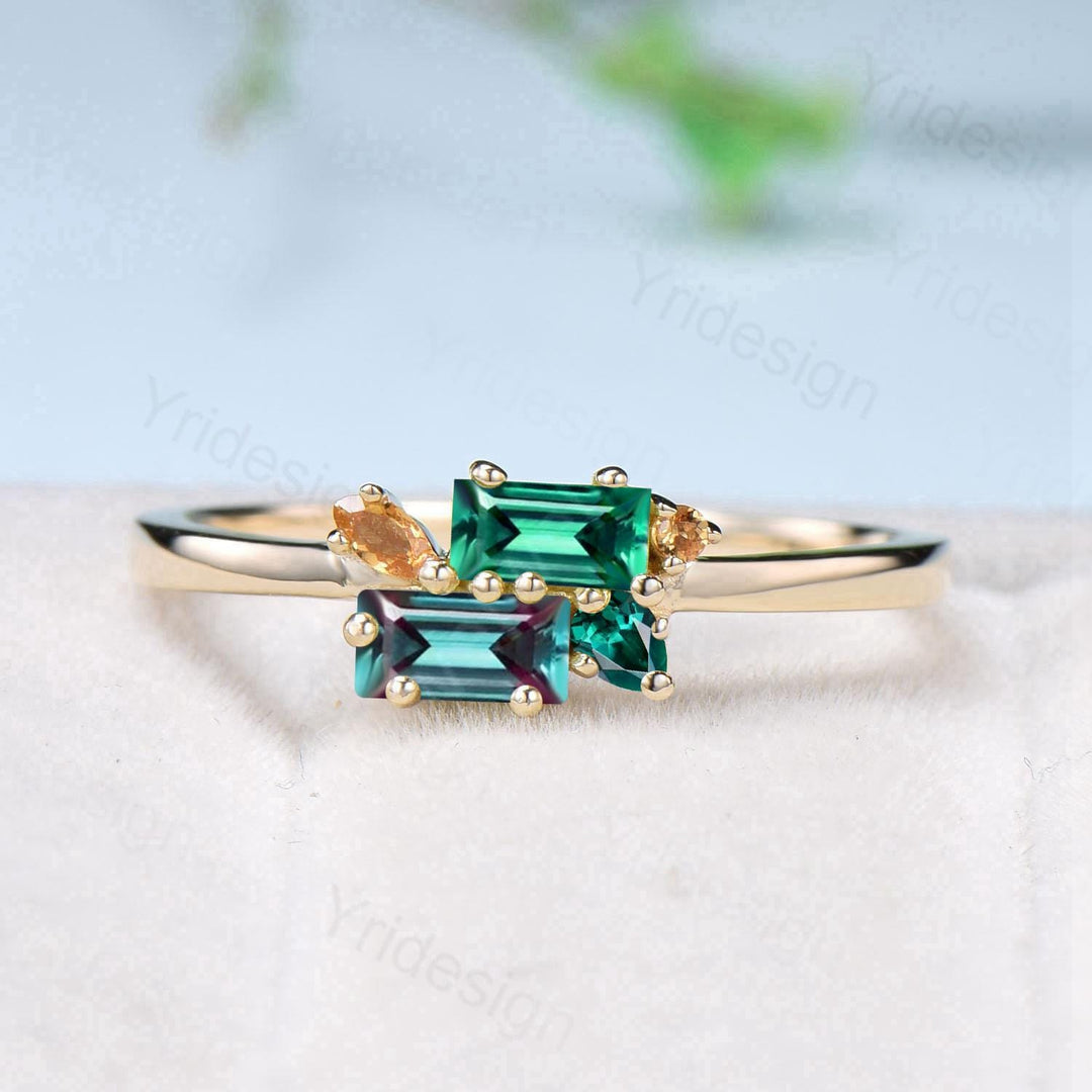 Unique Baguette Alexandrite Emerald Ring Moonstone Wedding Ring Yellow Gold Stacking Dainty Ring Multi-Stone Citrine Ring Anniversary Gift - PENFINE