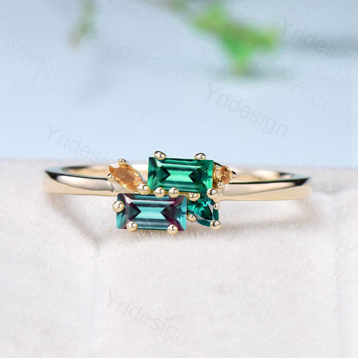 Unique Baguette Alexandrite Emerald Ring Moonstone Wedding Ring Yellow Gold Stacking Dainty Ring Multi-Stone Citrine Ring Anniversary Gift - PENFINE