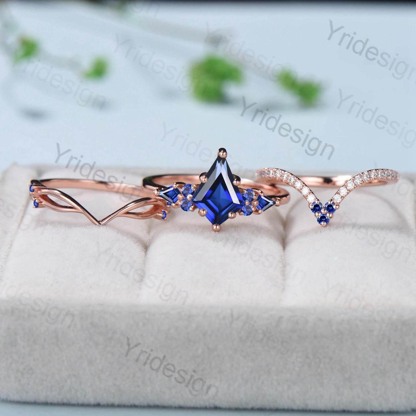 Vintage kite cut blue sapphire engagement ring set vintage 14k rose gold September birthstone jewelry 3pcs bridal wedding ring set gifts - PENFINE