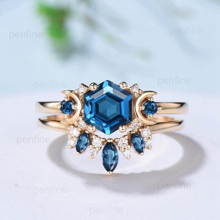 Unique London blue topaz engagement ring set hexagon cut 14k yellow gold moon wedding ring Elegant November birthstone bridal ring set women - PENFINE