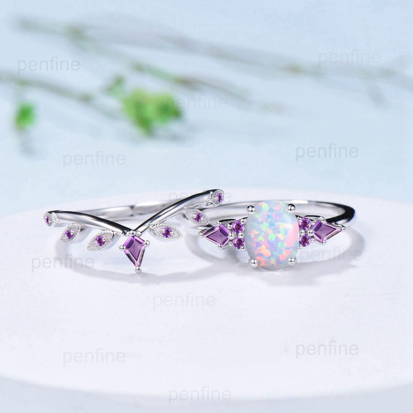 Vintage White Opal Ring Set for Women 1.5CT Oval October Birthstone Promise Engagement Unique Purple Amethyst Birthday Gifts for Daughter - PENFINE