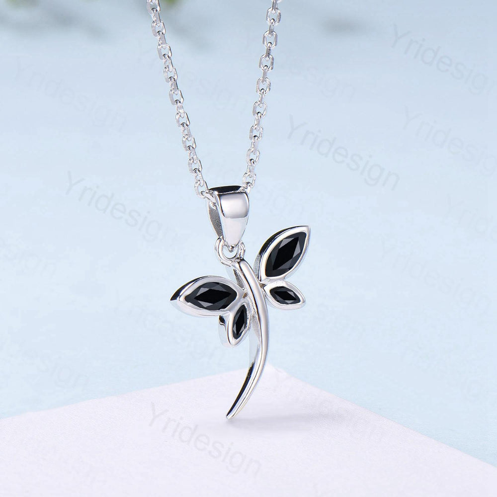 Dragonfly Black Marquise Spinel Spinel Necklace Bezel Set Simple Butterfly Accompany Necklace Pendant Minimalist Anniversary Birthday Gift - PENFINE