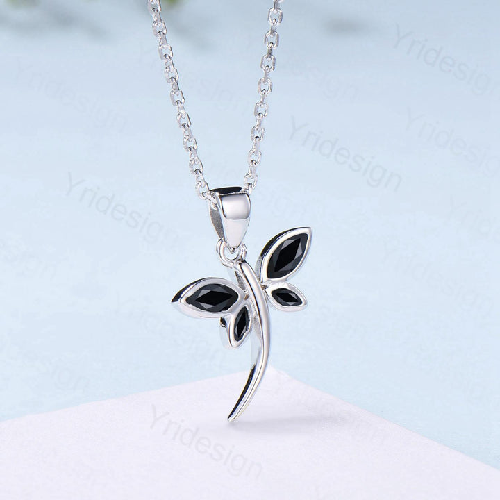 Dragonfly Black Marquise Spinel Spinel Necklace Bezel Set Simple Butterfly Accompany Necklace Pendant Minimalist Anniversary Birthday Gift - PENFINE