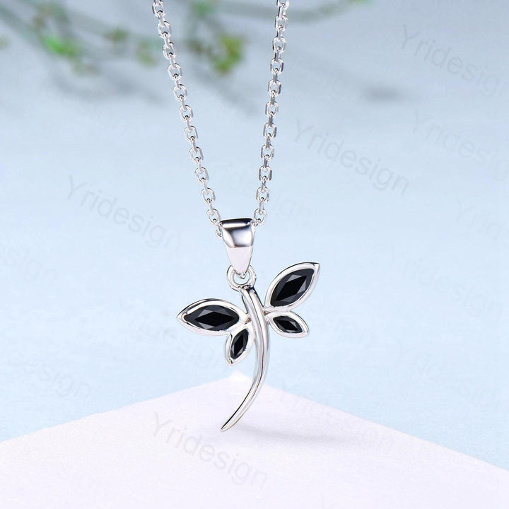 Dragonfly Black Marquise Spinel Spinel Necklace Bezel Set Simple Butterfly Accompany Necklace Pendant Minimalist Anniversary Birthday Gift - PENFINE