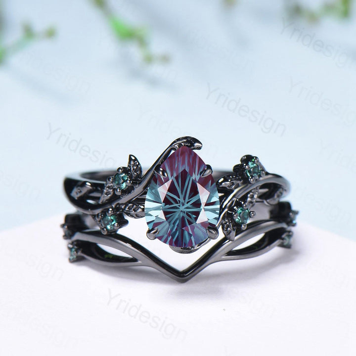 Twig Vine Fireworks Cut Alexandrite Ring Set Unique Black Gold Nature Inspired Engagement Ring Cluster Emerald Five Stone Wedding Bridal Set - PENFINE