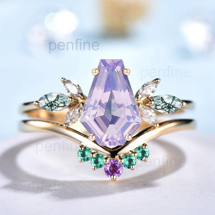 Vintage Coffin Cut Lavender Amethyst Engagement Ring Set Unique Yellow Gold Marquise Moss Agate Wedding Set Emerald Amethyst Stacking Band - PENFINE